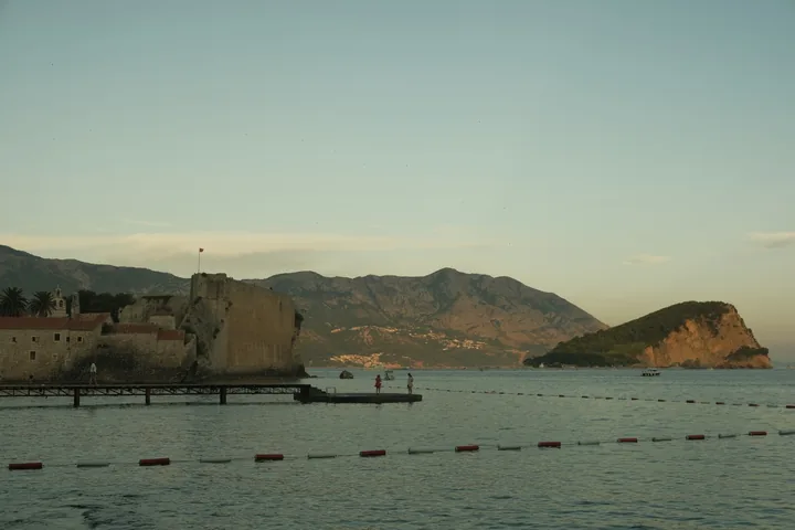 Budva Old Town and its waterfront at dusk