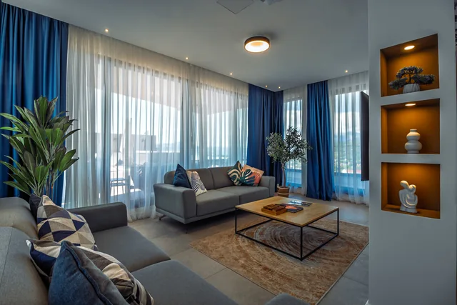 Royal Blue — living room with blue curtains
