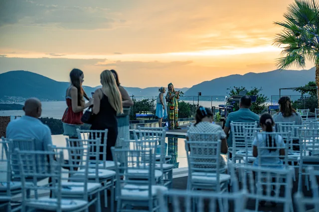 Royal Blue — sunset gathering on the pool terrace