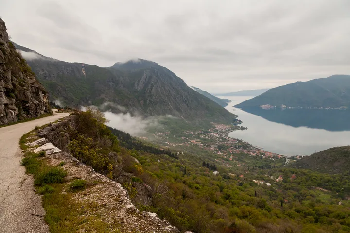 Risan and the Bay of Kotor seen from the mountain road above the town