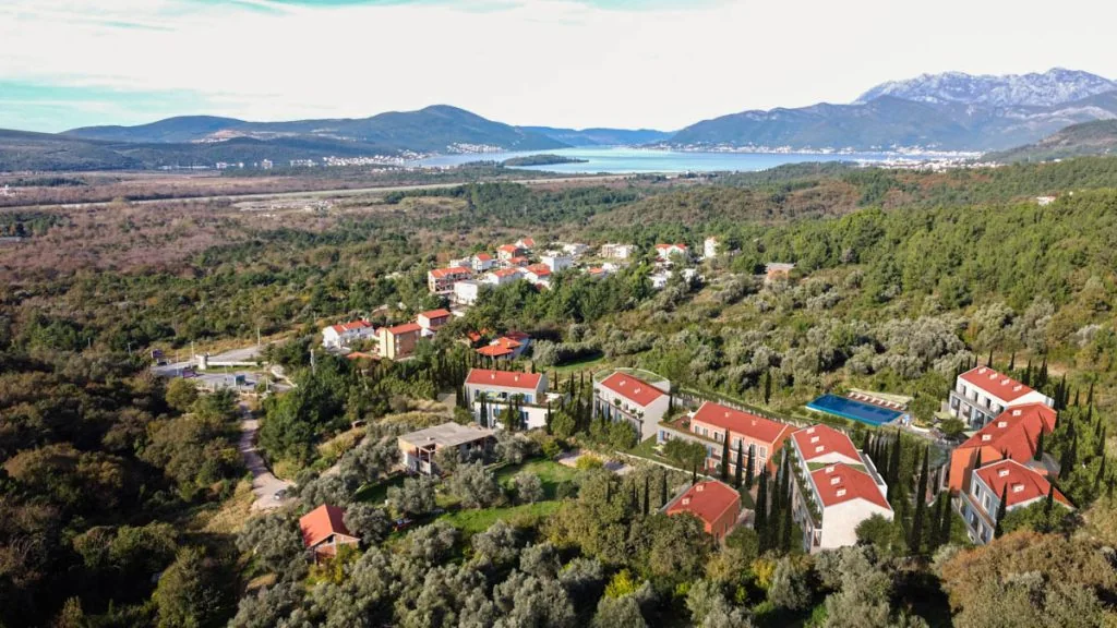 Aerial architectural visualisation of the Royal Town Kotor masterplan and shared amenities